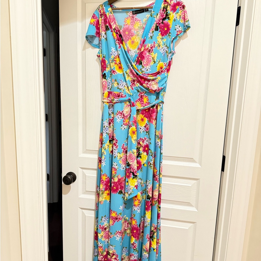 New York & Company Pink and Red Maxi Sundress with Flutter Sleeves